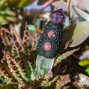 Quartz, Rhodonite and Amethyst Pendant