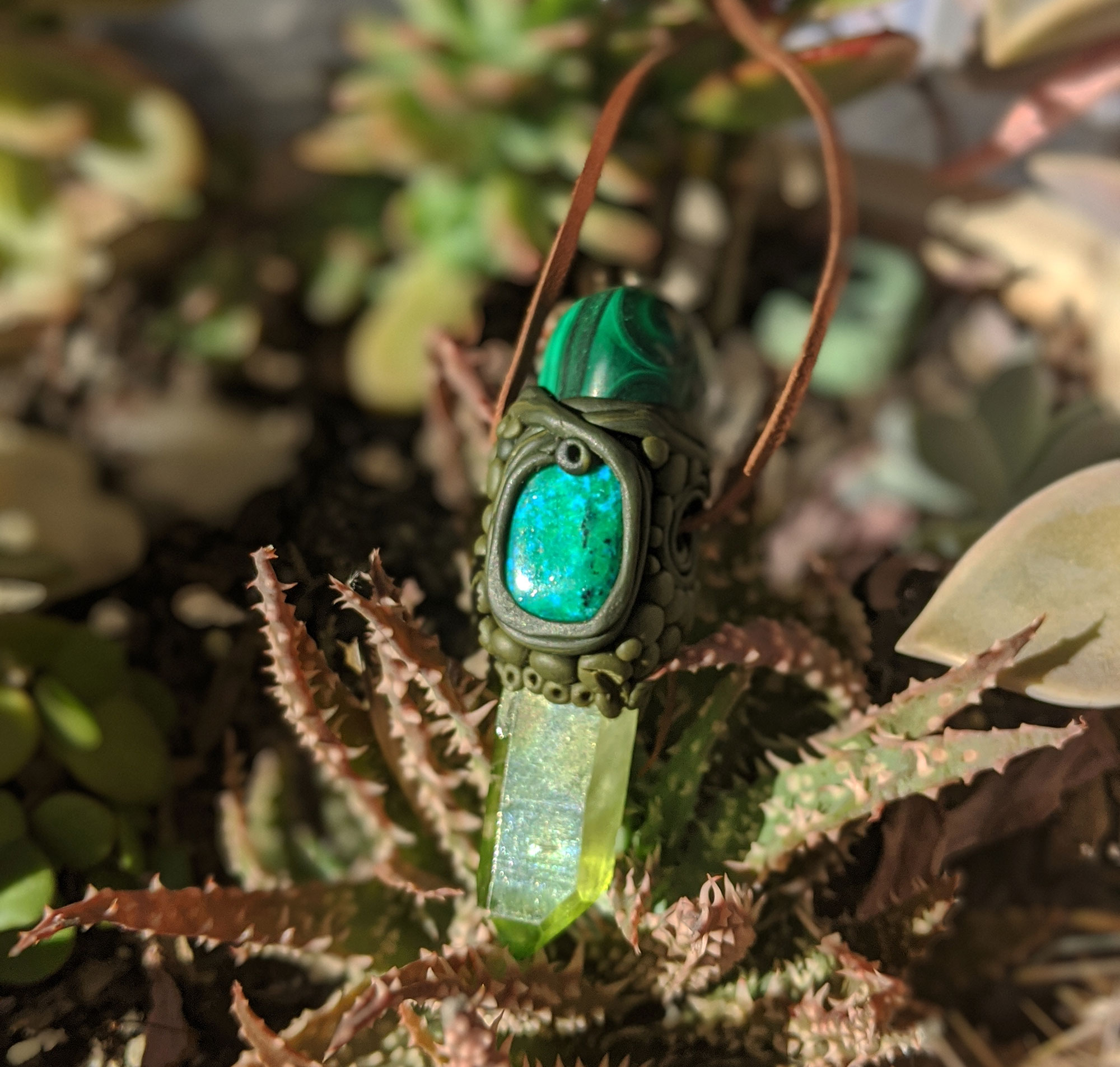 Malachite, Chrysocolla and Apple Aura Pendant - Image 3