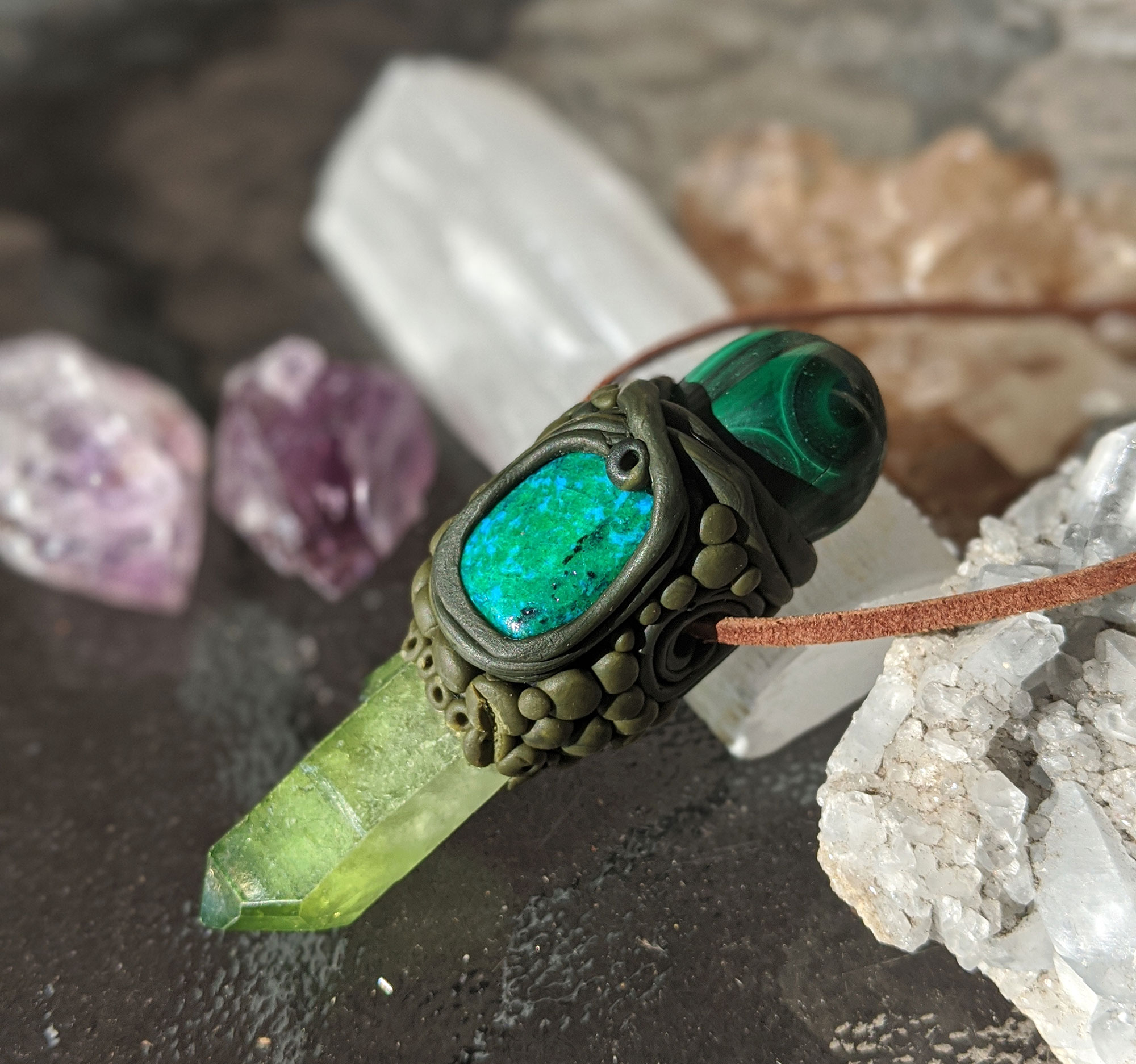 Malachite, Chrysocolla and Apple Aura Pendant - Image 4