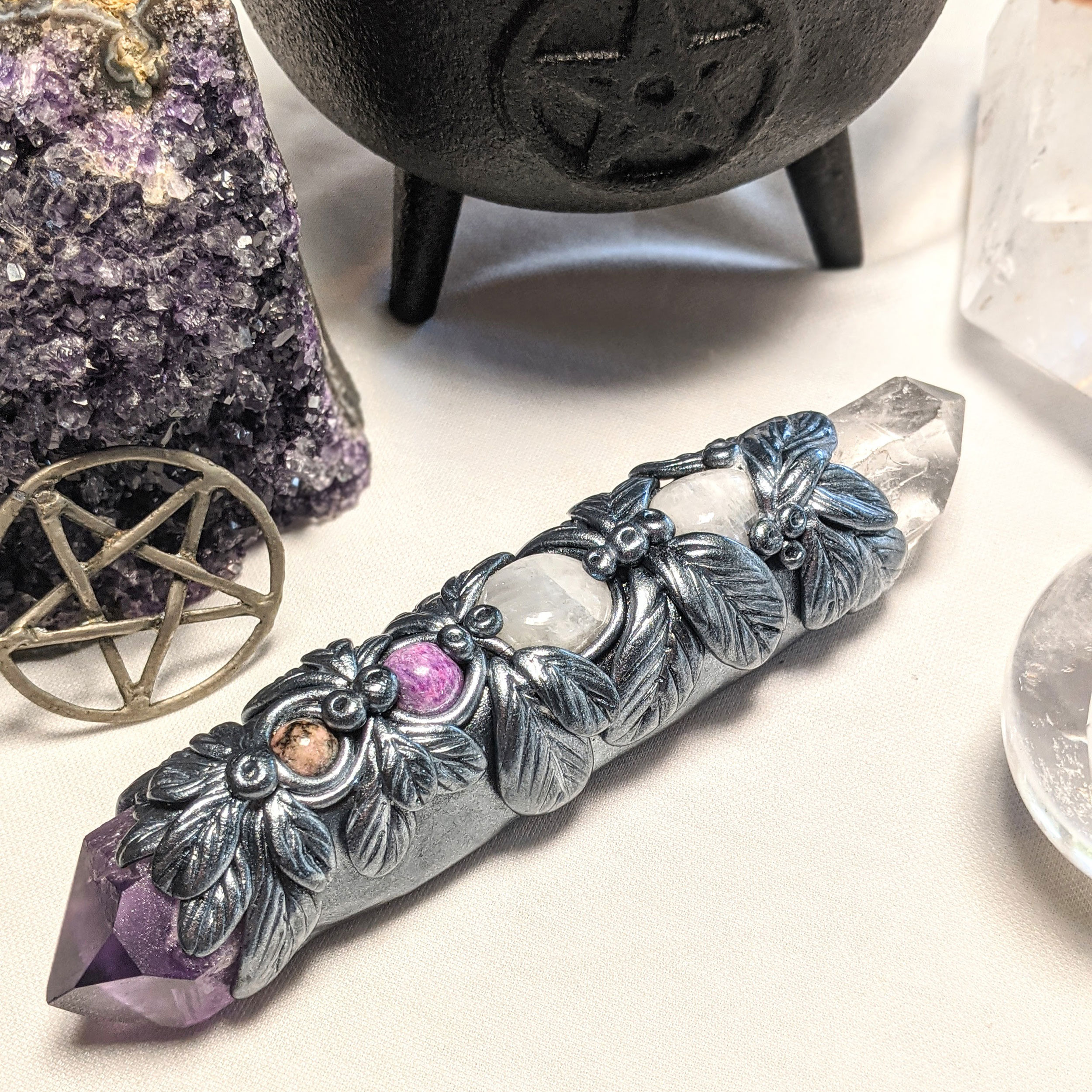 Amethyst, Clear Quartz, Moonstone, Sugilite & Rhodonite Wand - Image 2