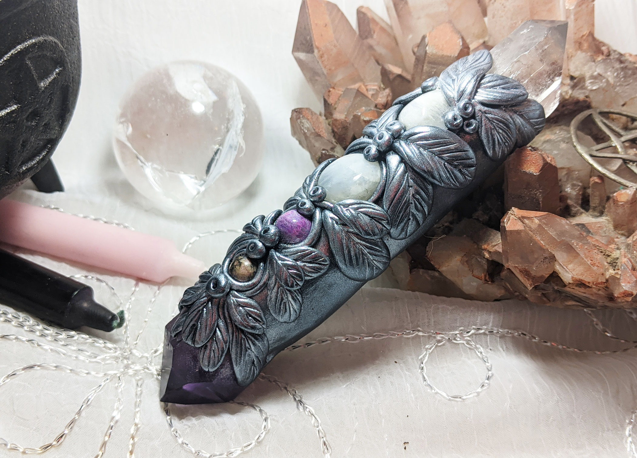 Amethyst, Clear Quartz, Moonstone, Sugilite & Rhodonite Wand - Image 5