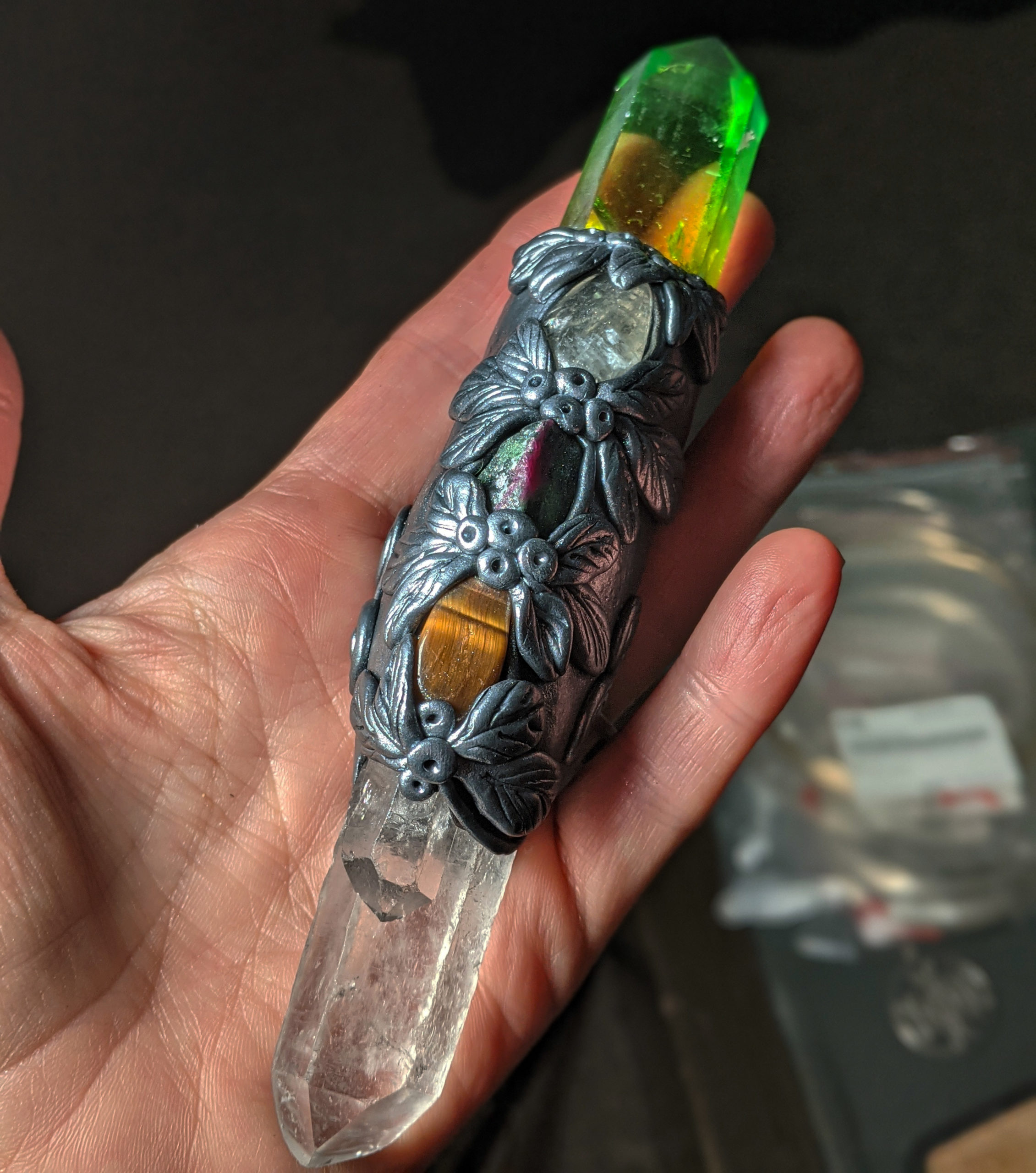 Quartz, Angel Aura, Citrine, Tigers Eye & Ruby in Zoisite Wand. - Image 4