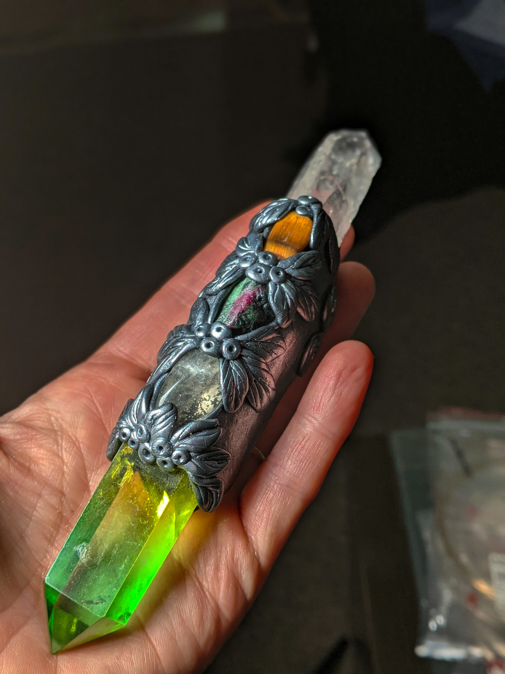 Quartz, Angel Aura, Citrine, Tigers Eye & Ruby in Zoisite Wand. - Image 5