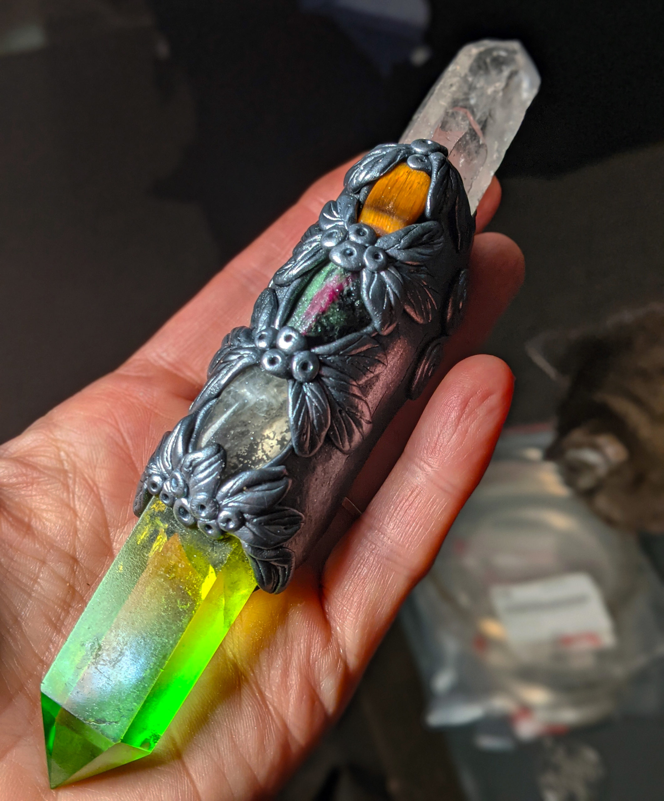 Quartz, Angel Aura, Citrine, Tigers Eye & Ruby in Zoisite Wand. - Image 6