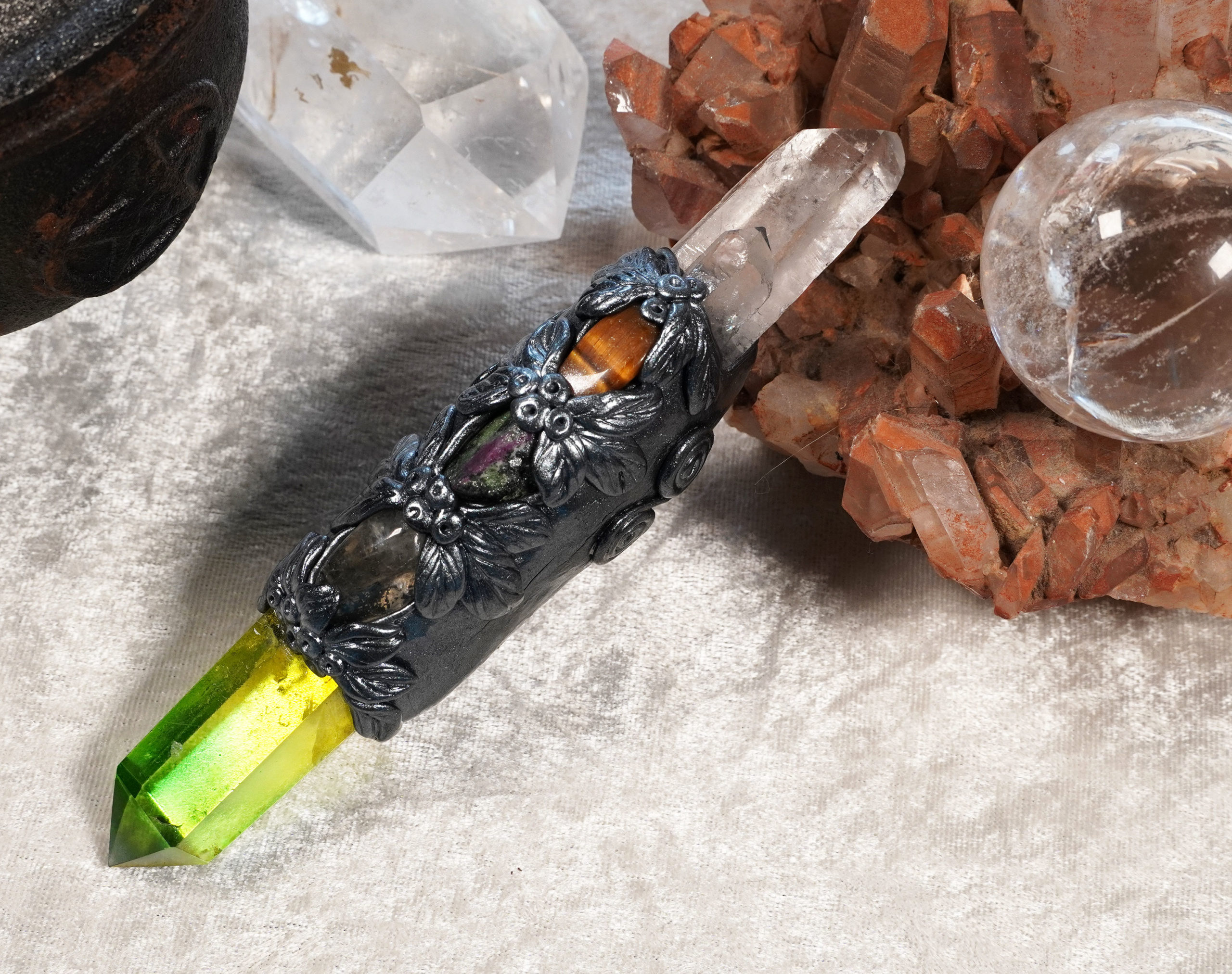 Quartz, Angel Aura, Citrine, Tigers Eye & Ruby in Zoisite Wand. - Image 11