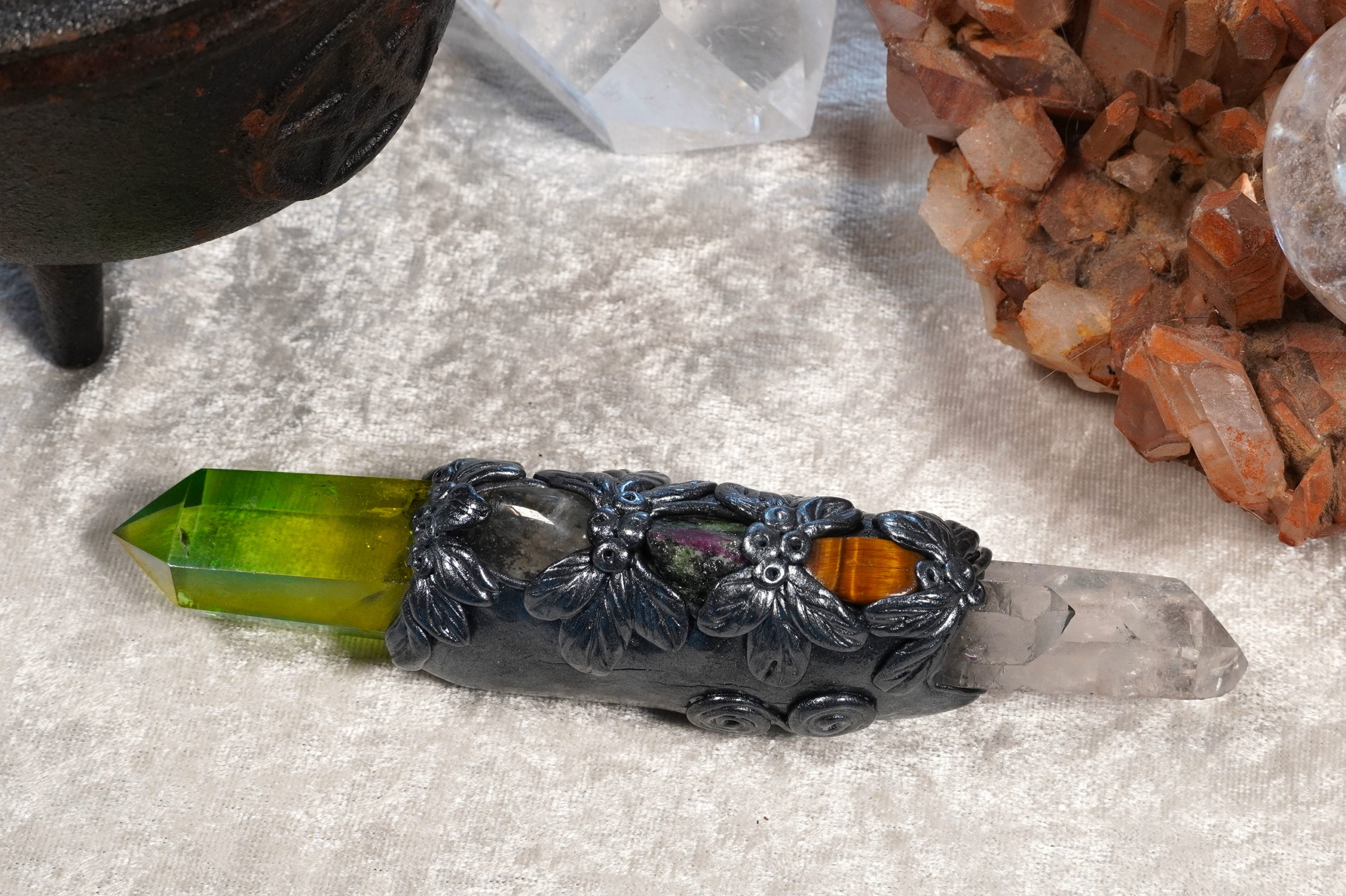 Quartz, Angel Aura, Citrine, Tigers Eye & Ruby in Zoisite Wand. - Image 9