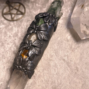 Phantom Quartz, Clear Quartz, Citrine, Tigers Eye and Ruby in Zoisite Crystal Wand